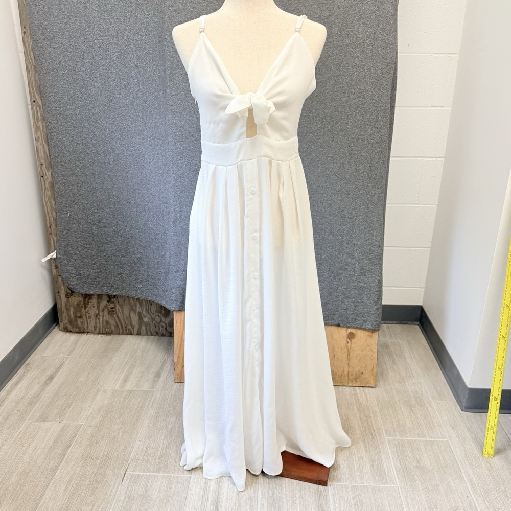 White Ethereal Cami Maxi Dress Size S Front Tie Cutout Wedding Beachy Coastal